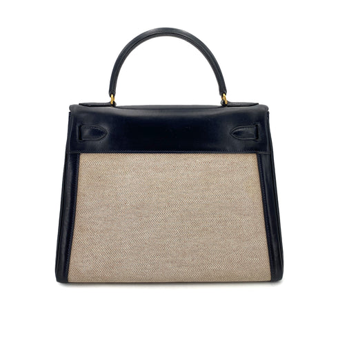 HERMES KELLY 28 SELLIER NAVY BOX CALF TOILE H HAND SHOULDER BAG 〇C 90249821 - PURPOSE