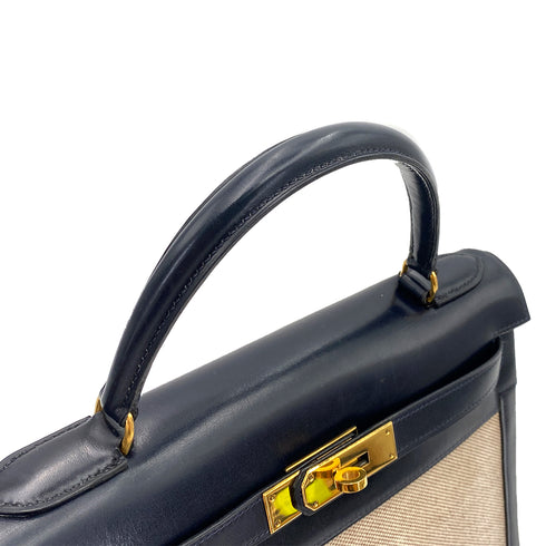 HERMES KELLY 28 SELLIER NAVY BOX CALF TOILE H HAND SHOULDER BAG 〇C 90249821 - PURPOSE