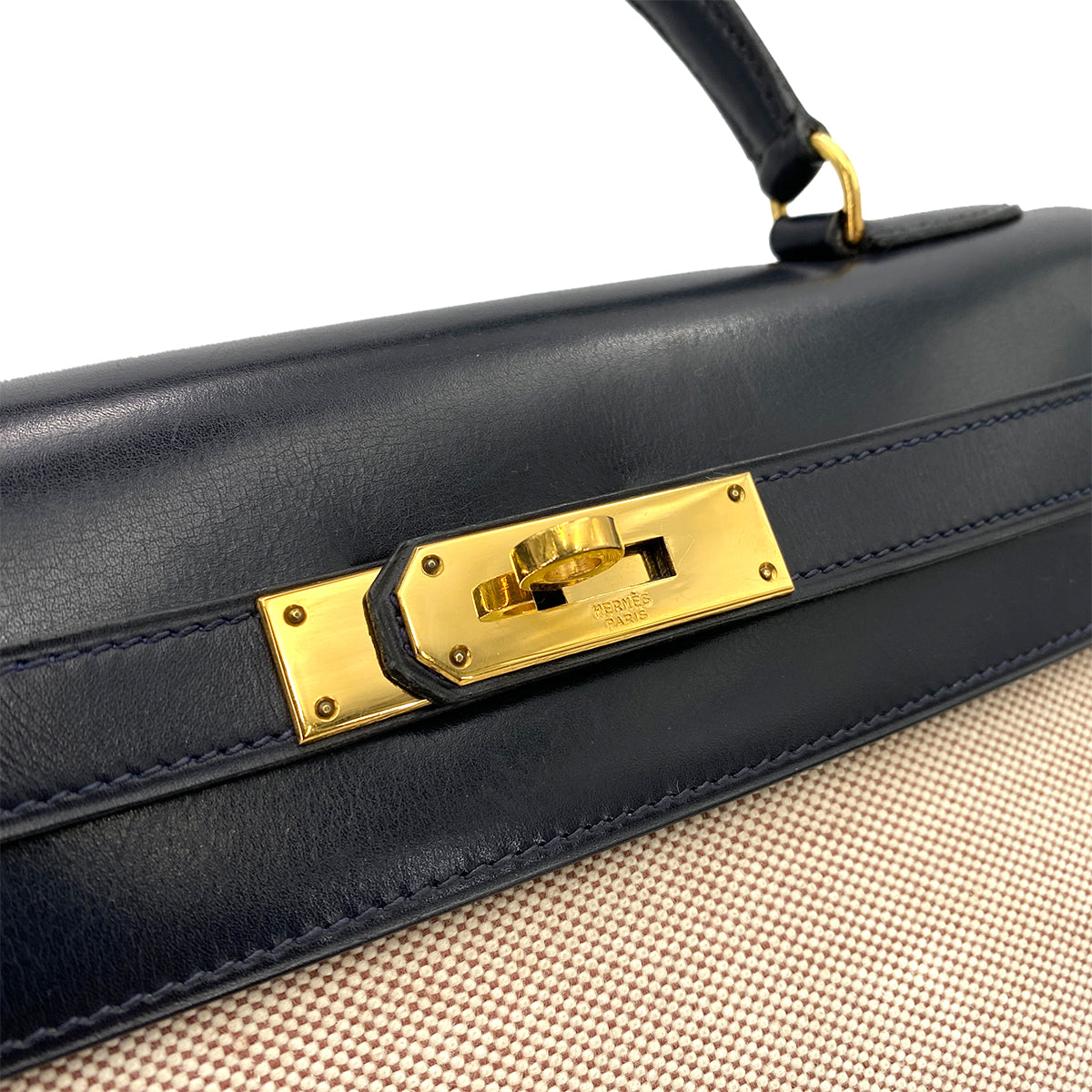 HERMES KELLY 28 SELLIER NAVY BOX CALF TOILE H HAND SHOULDER BAG 〇C 90249821