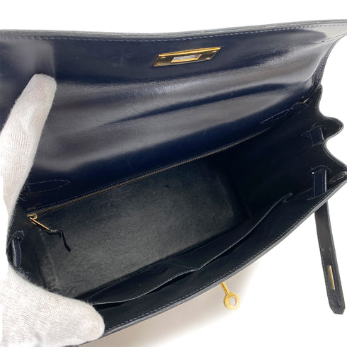 HERMES KELLY 28 SELLIER NAVY BOX CALF TOILE H HAND SHOULDER BAG 〇C 90249821 - PURPOSE