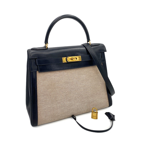 HERMES KELLY 28 SELLIER NAVY BOX CALF TOILE H HAND SHOULDER BAG 〇C 90249821 - PURPOSE