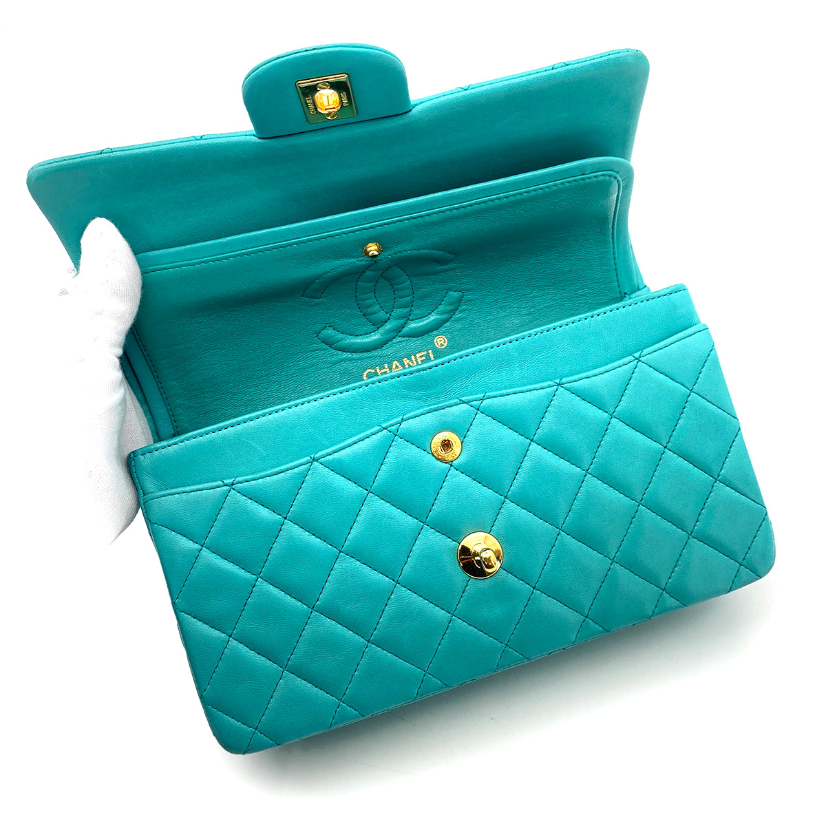 CHANEL VINTAGE CLASSIC FLAP SMALL CHAIN SHOULDER BAG EMERALD GREEN LAMB SKIN 90249822