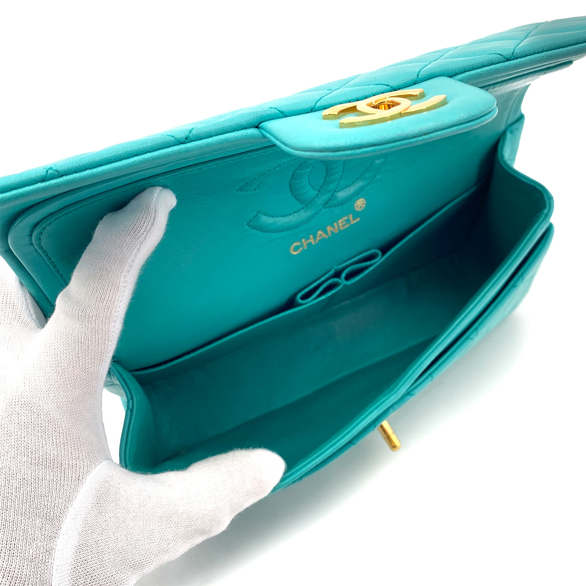 CHANEL VINTAGE CLASSIC FLAP SMALL CHAIN SHOULDER BAG EMERALD GREEN LAMB SKIN 90249822