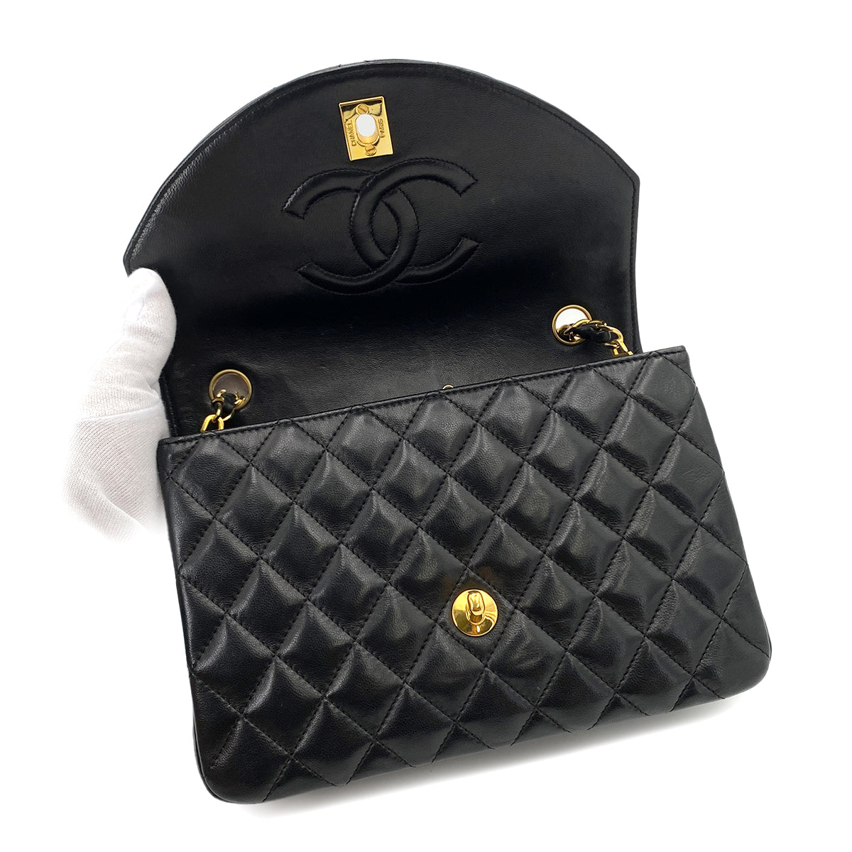 CHANEL VINTAGE HALF MOON CHAIN SHOULDER BAG BLACK LAMB SKIN 90249826