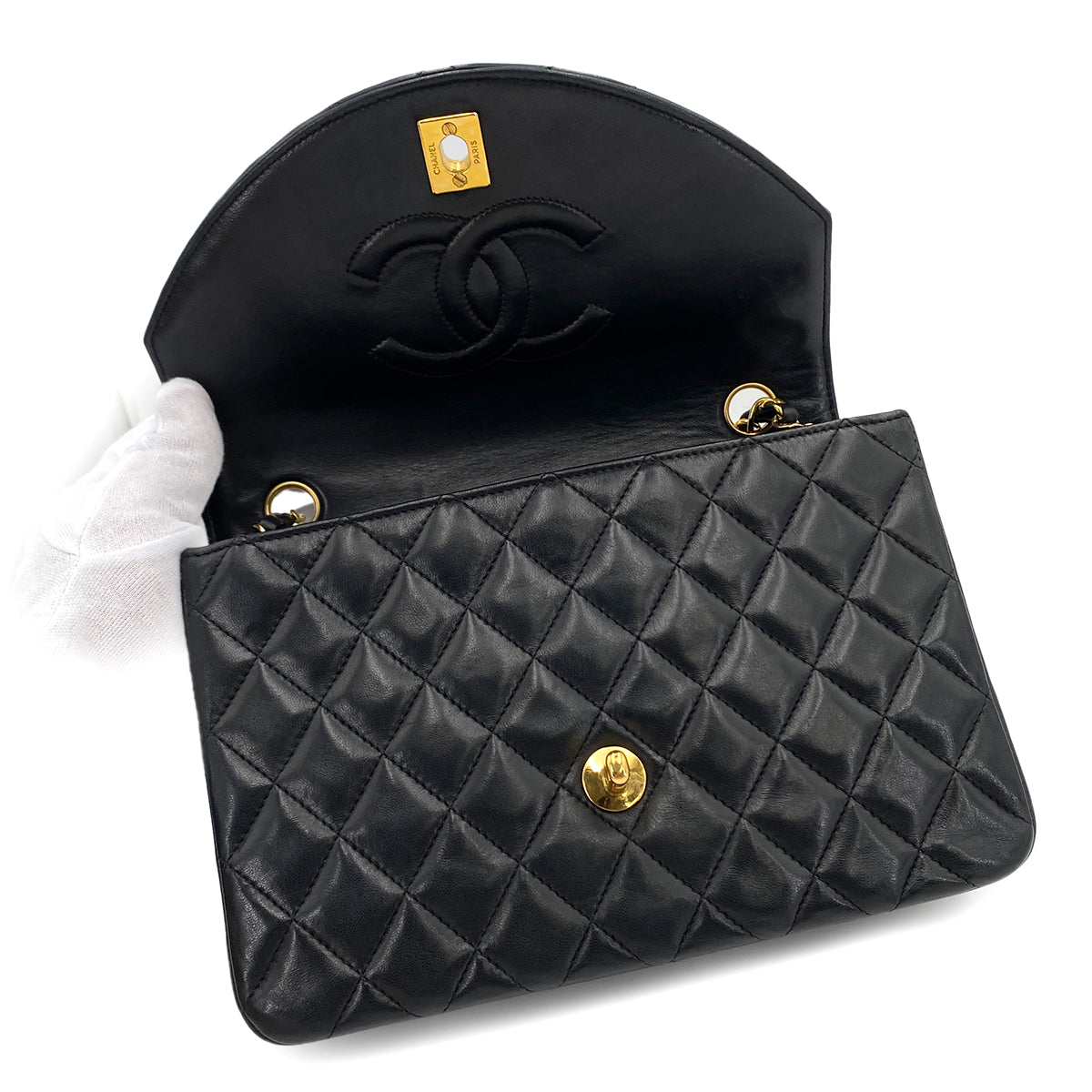 CHANEL VINTAGE HALF MOON CHAIN SHOULDER BAG BLACK LAMB SKIN 90249863