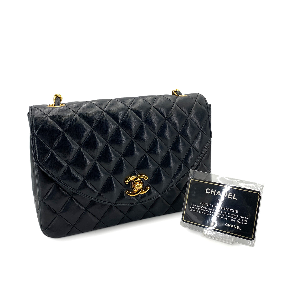 CHANEL VINTAGE HALF MOON CHAIN SHOULDER BAG BLACK LAMB SKIN 90249863