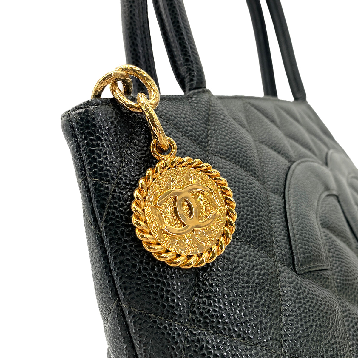 CHANEL VINTAGE MEDALLION TOTE BAG DARK GREEN CAVIAR SKIN 90249866