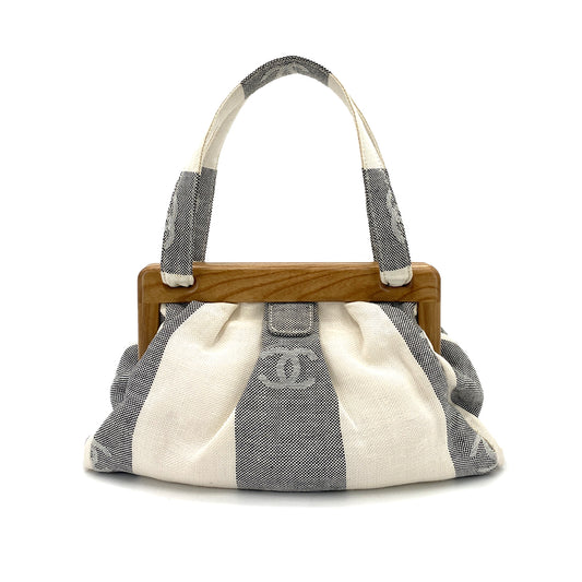 CHANEL VINTAGE COCO MARK PRINT HAND BAG CANVAS WOOD BLACK WHITE 90249867