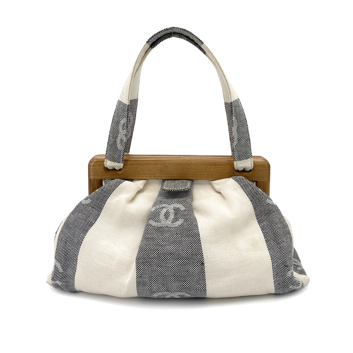 CHANEL VINTAGE COCO MARK PRINT HAND BAG CANVAS WOOD BLACK WHITE 90249867