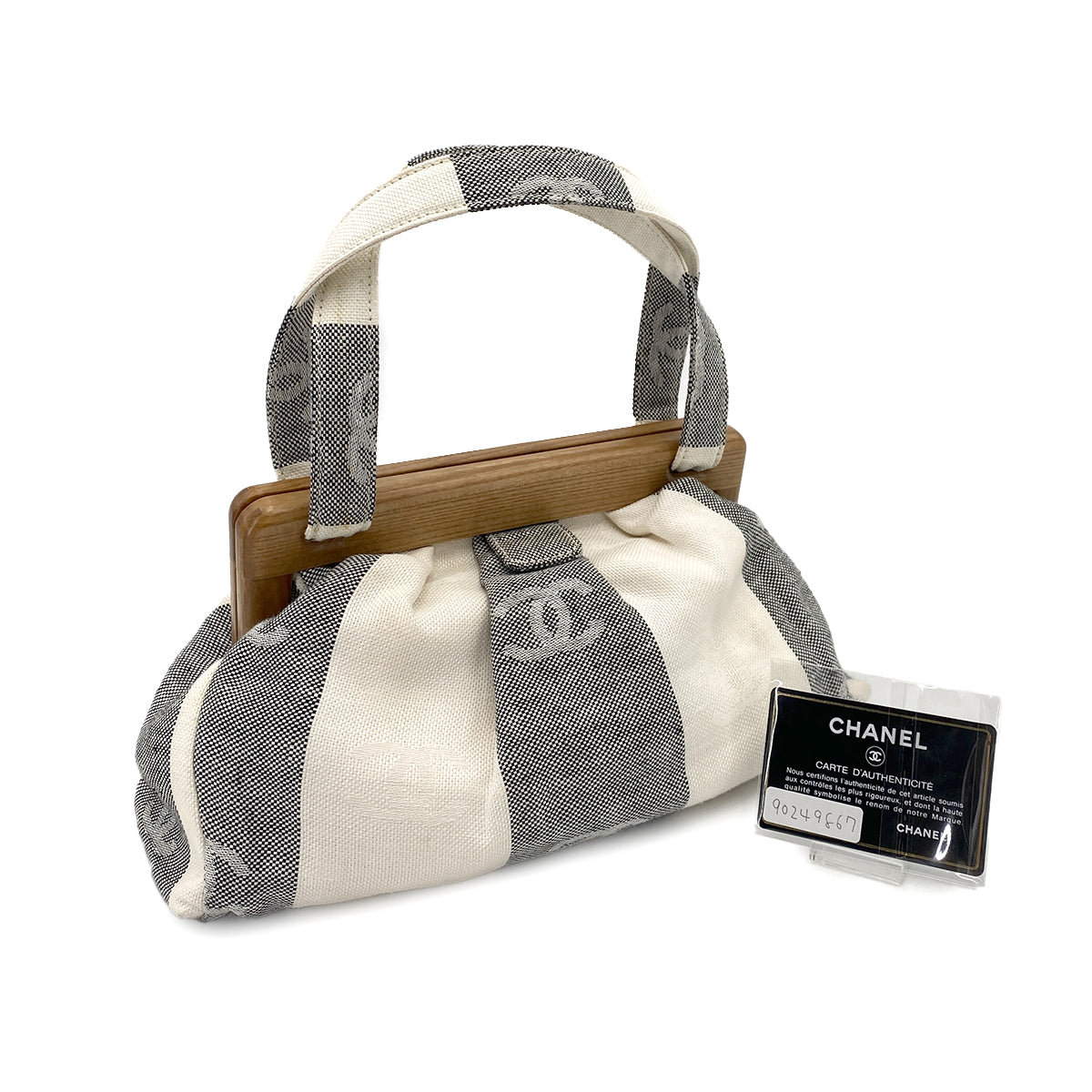 CHANEL VINTAGE COCO MARK PRINT HAND BAG CANVAS WOOD BLACK WHITE 90249867