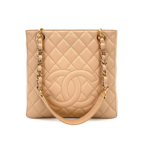 CHANEL VINTAGE PST CHAIN TOTE BAG BEIGE CAVIAR SKIN 90249868