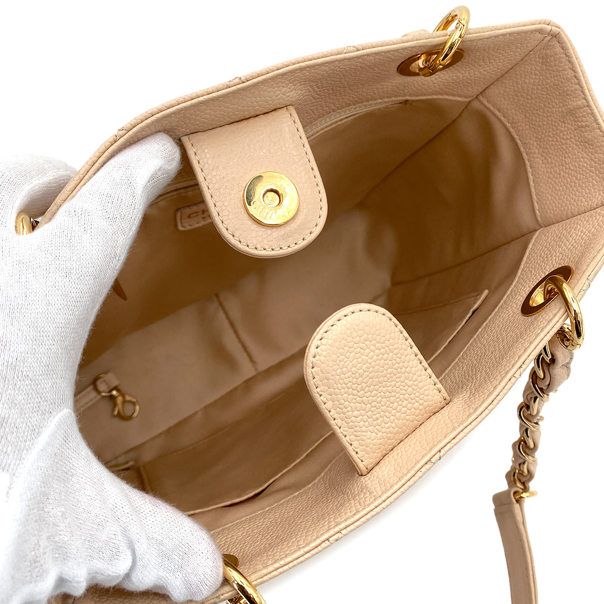 CHANEL VINTAGE PST CHAIN TOTE BAG BEIGE CAVIAR SKIN 90249868