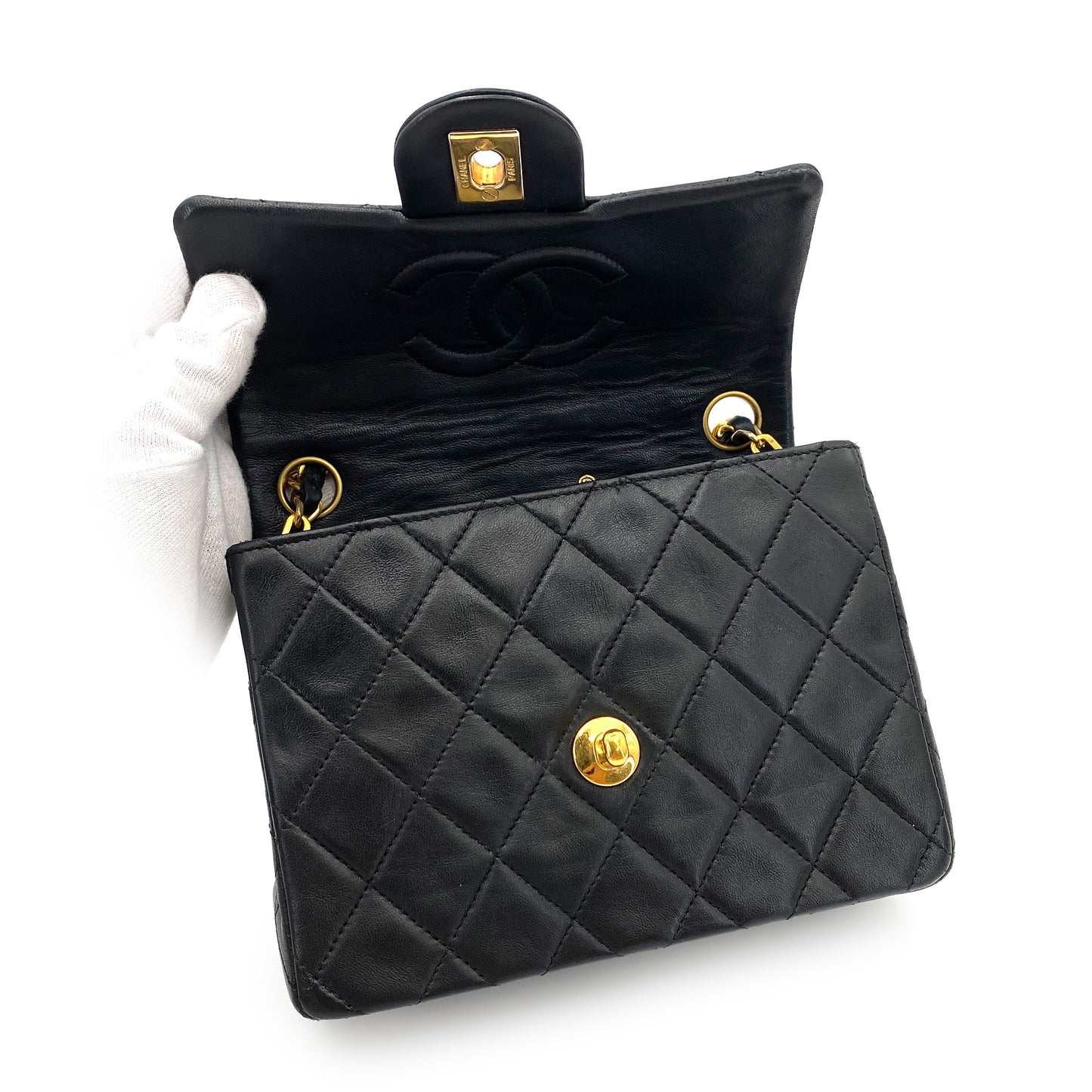 CHANEL VINTAGE MINI SQUARE 17 CHAIN SHOULDER BAG BLACK LAMB SKIN 90249979