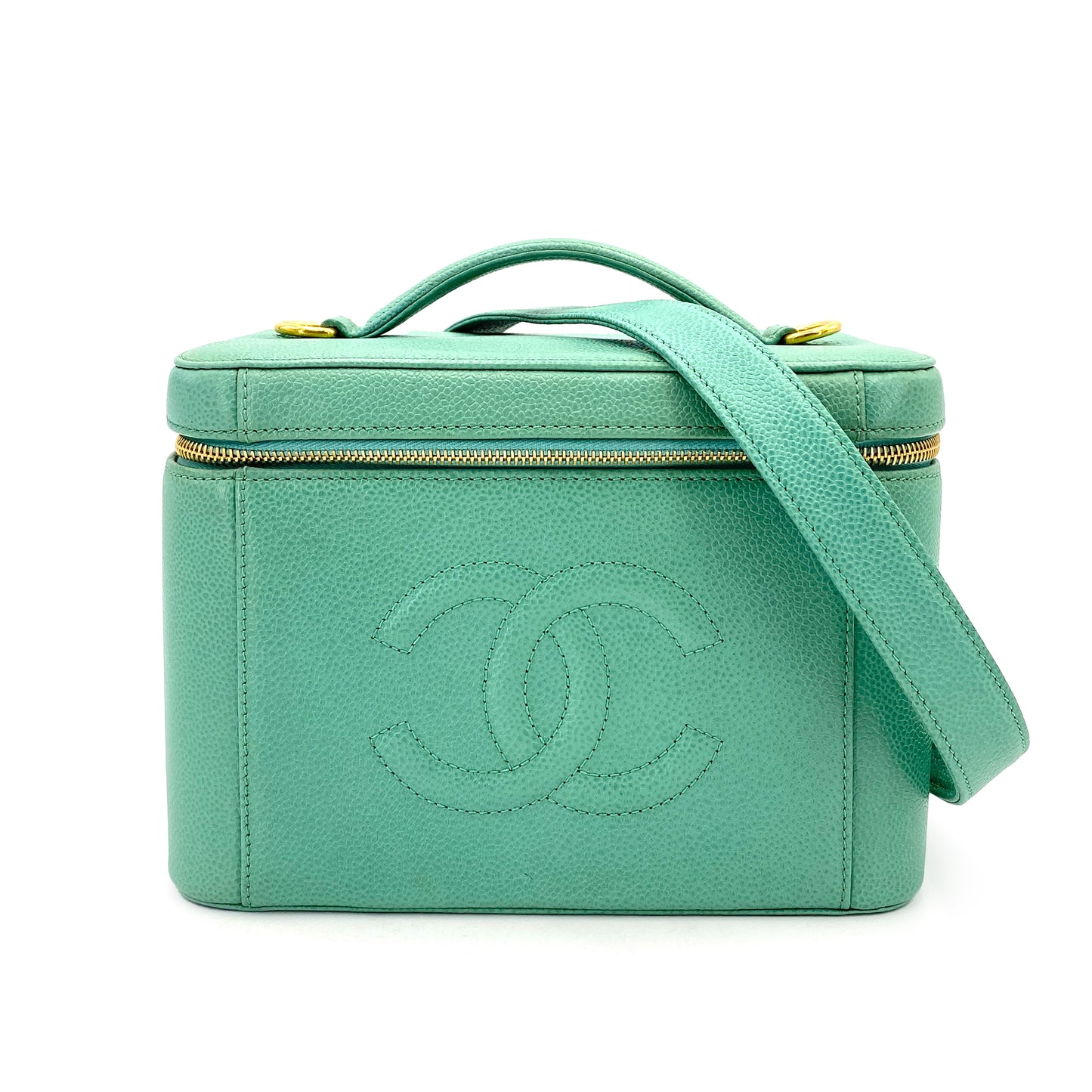 CHANEL VINTAGE 2WAY VANITY HAND SHOULDER BAG GREEN CAVIAR SKIN 90249994