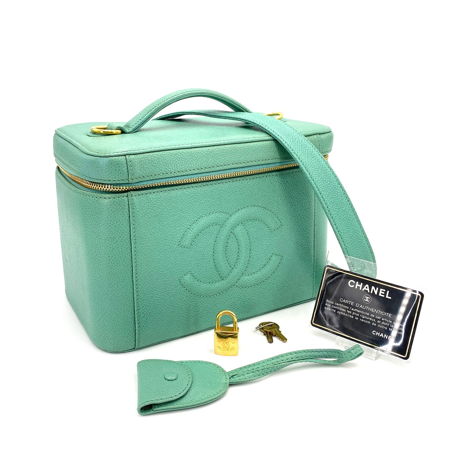 CHANEL VINTAGE 2WAY VANITY HAND SHOULDER BAG GREEN CAVIAR SKIN 90249994