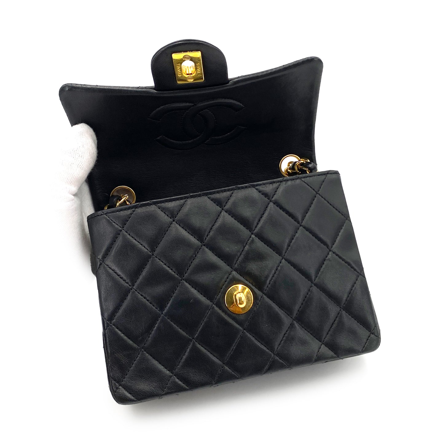 CHANEL VINTAGE MINI SQUARE 17 CHAIN SHOULDER BAG BLACK LAMB SKIN 90250014