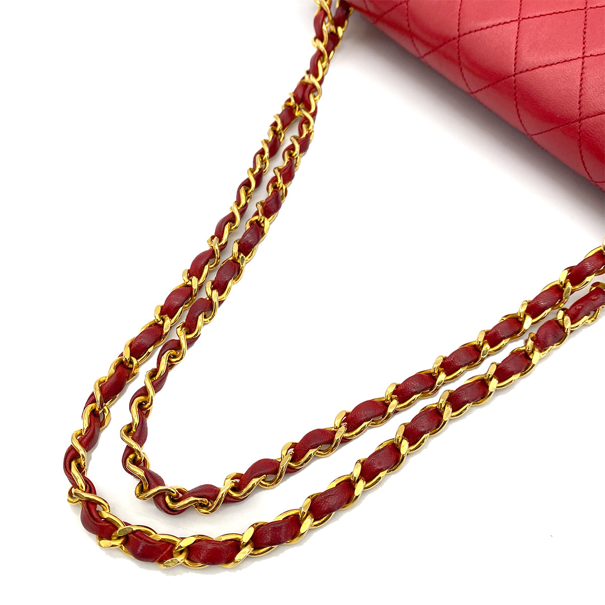 CHANEL VINTAGE STRAIGHT FLAP CHAIN SHOULDER BAG RED LAMB SKIN 90250072