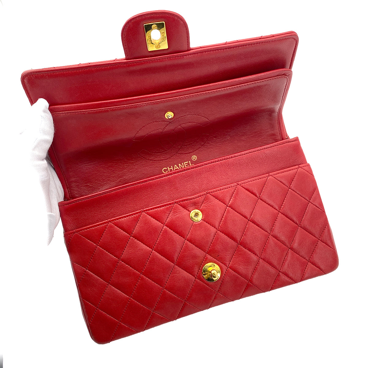 CHANEL VINTAGE STRAIGHT FLAP CHAIN SHOULDER BAG RED LAMB SKIN 90250072