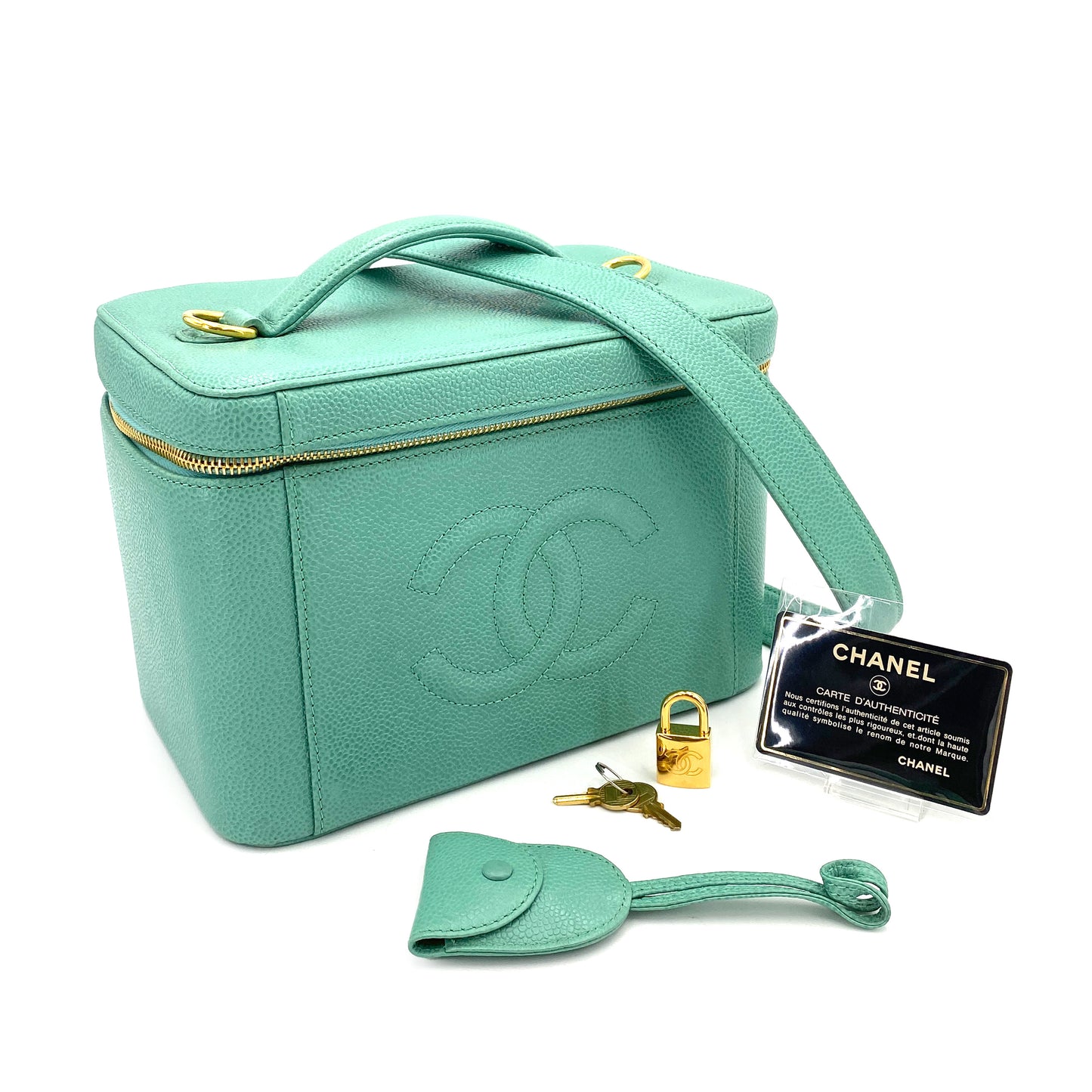 CHANEL VINTAGE 2WAY VANITY HAND SHOULDER BAG GREEN CAVIAR SKIN 90250081