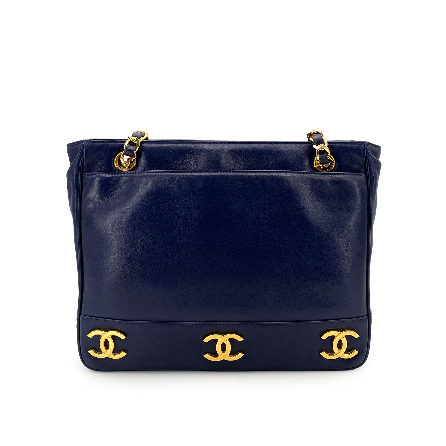 CHANEL VINTAGE TRIPLE COCO CHAIN TOTE BAG NAVY LAMB SKIN 90250083
