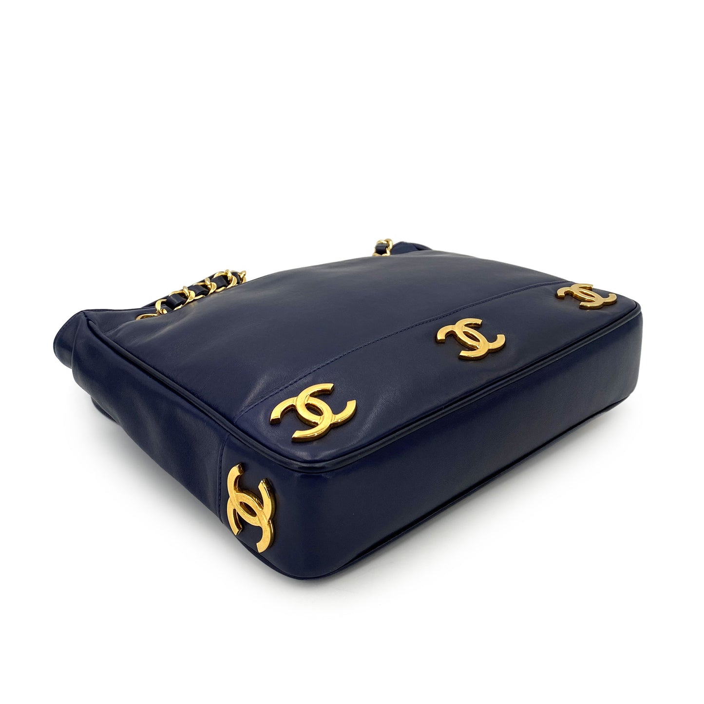 CHANEL VINTAGE TRIPLE COCO CHAIN TOTE BAG NAVY LAMB SKIN 90250083