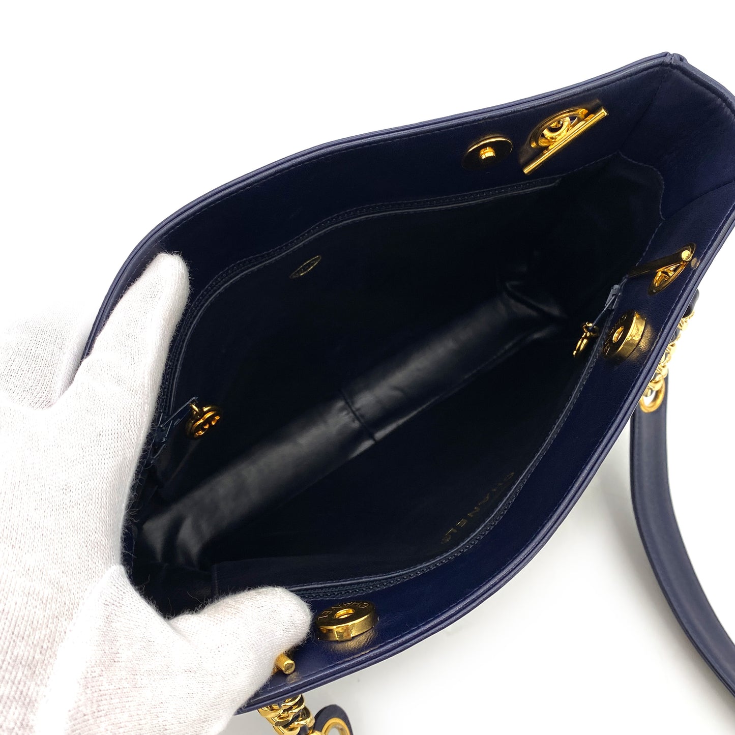 CHANEL VINTAGE TRIPLE COCO CHAIN TOTE BAG NAVY LAMB SKIN 90250083