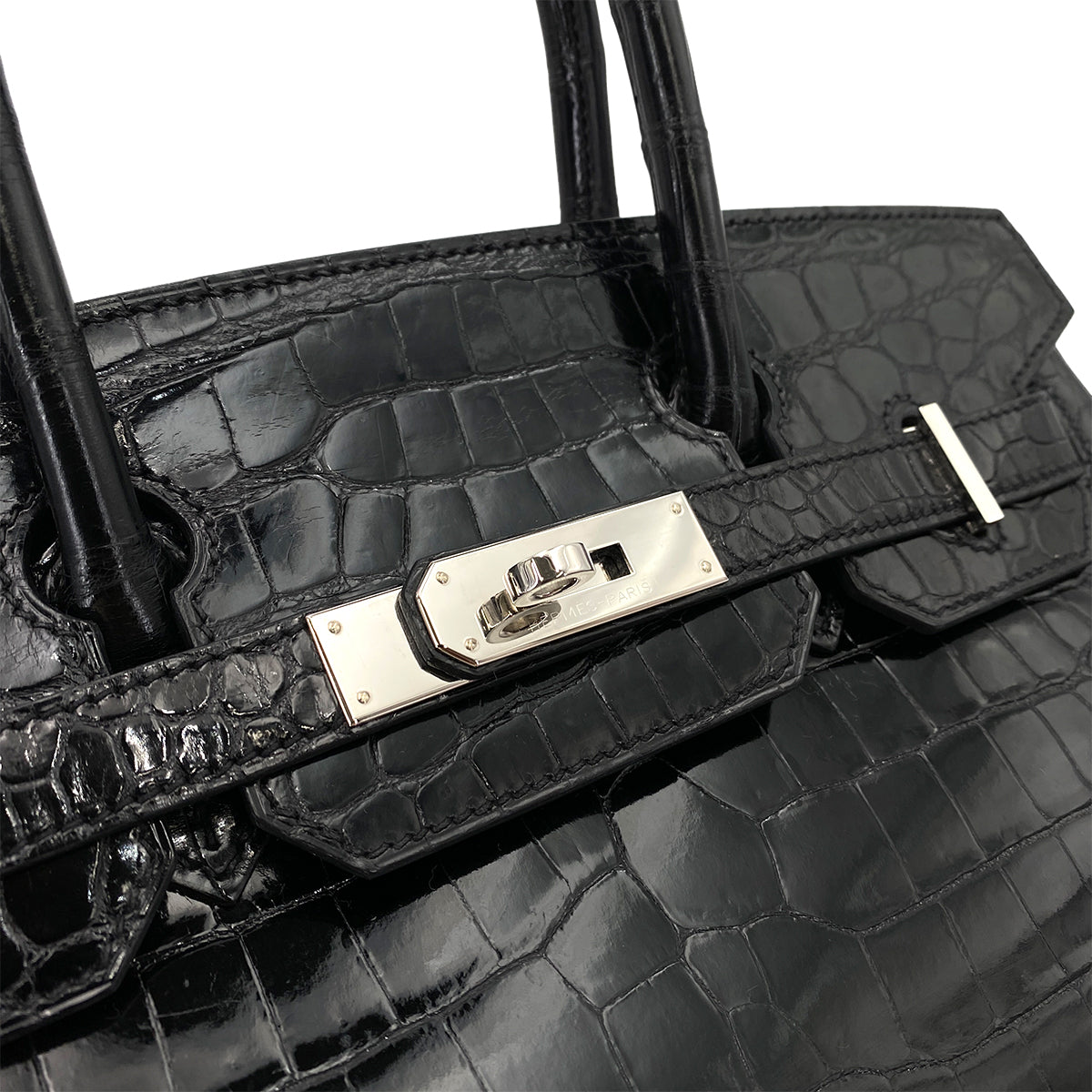 HERMES BIRKIN 30 BLACK CROCODILE POROSUS LISSE HAND BAG □Q SHW 90250279
