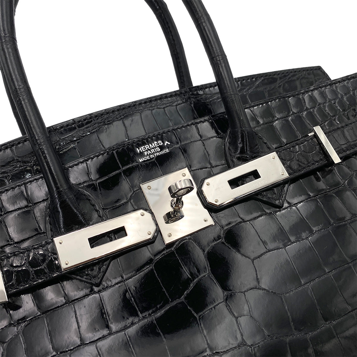 HERMES BIRKIN 30 BLACK CROCODILE POROSUS LISSE HAND BAG □Q SHW 90250279