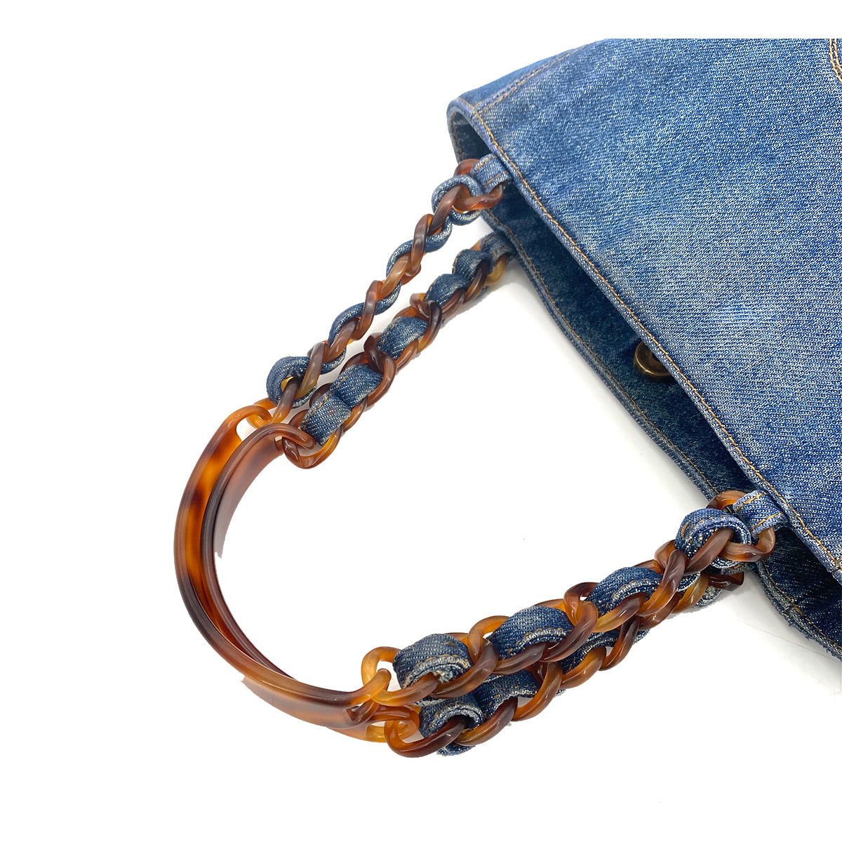 CHANEL VINTAGE DENIM DECACOCO TORTOISESHELL HANDLE CHAIN TOTE BAG 90259139