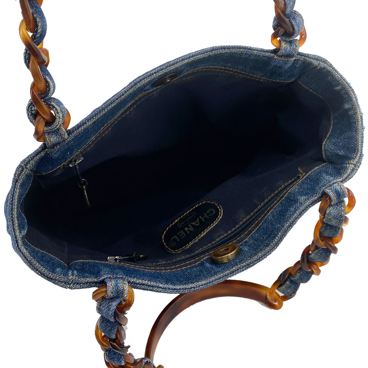 CHANEL VINTAGE DENIM DECACOCO TORTOISESHELL HANDLE CHAIN TOTE BAG 90259139