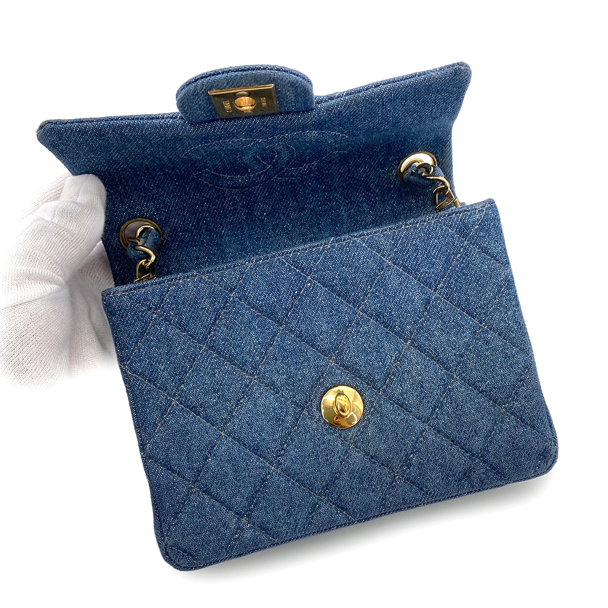 CHANEL VINTAGE MINI SQUARE CHAIN SHOULDER BAG BLUE DENIM 90250466