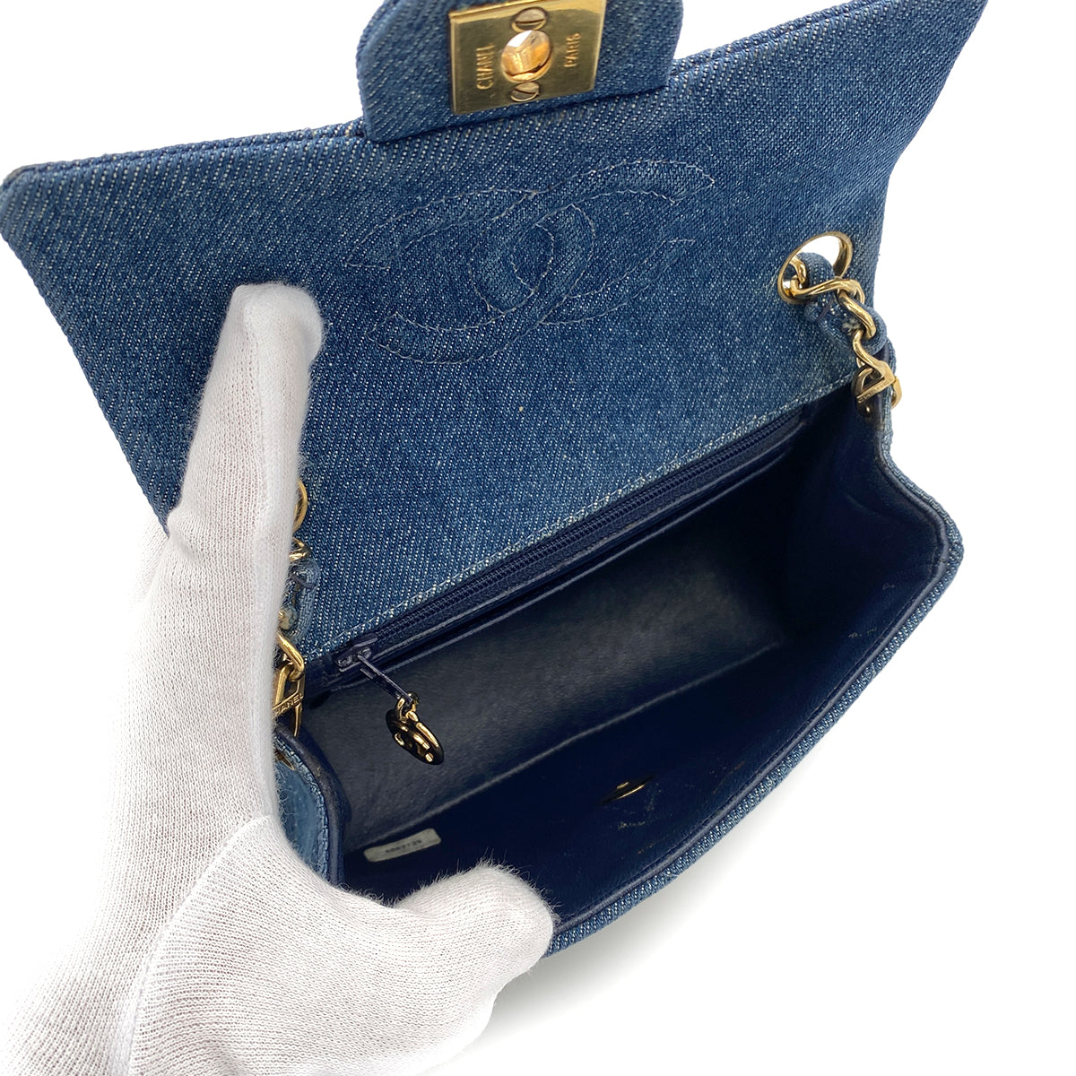 CHANEL VINTAGE MINI SQUARE CHAIN SHOULDER BAG BLUE DENIM 90250466
