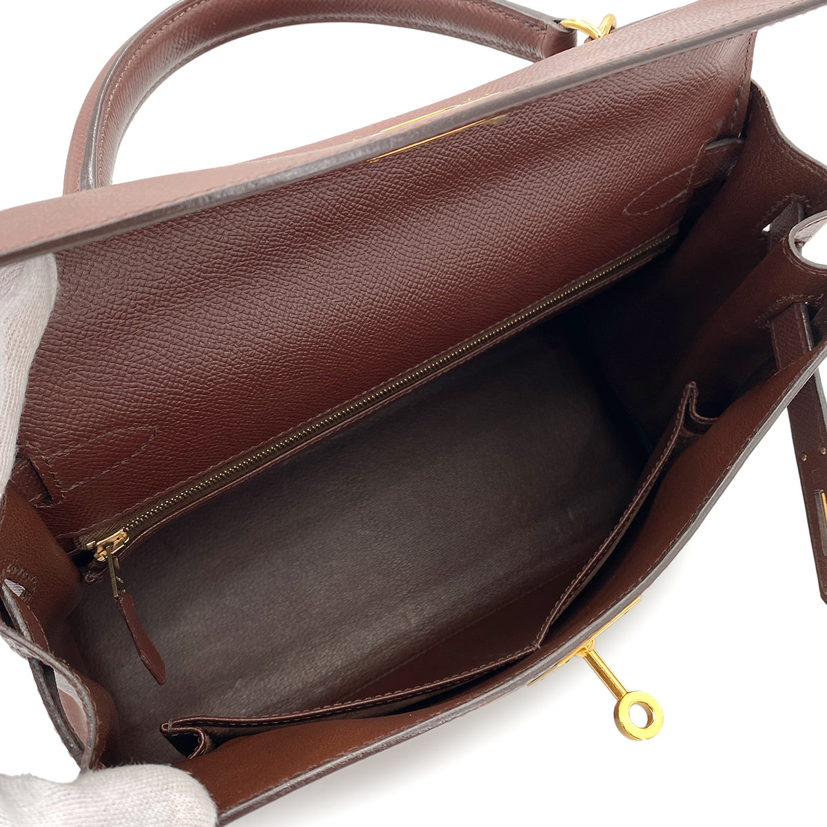 HERMES KELLY 28 RETOURNE BROWN TYPE COUCHVEL HAND SHOULDER BAG □E 90250467