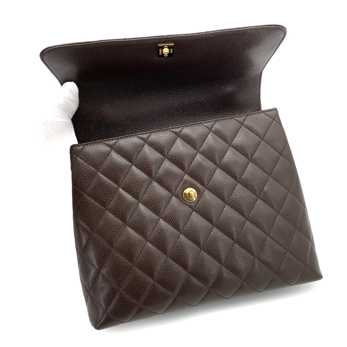 CHANEL VINTAGE MATELASSE HAND BAG DARK BROWN CAVIAR SKIN 90250468