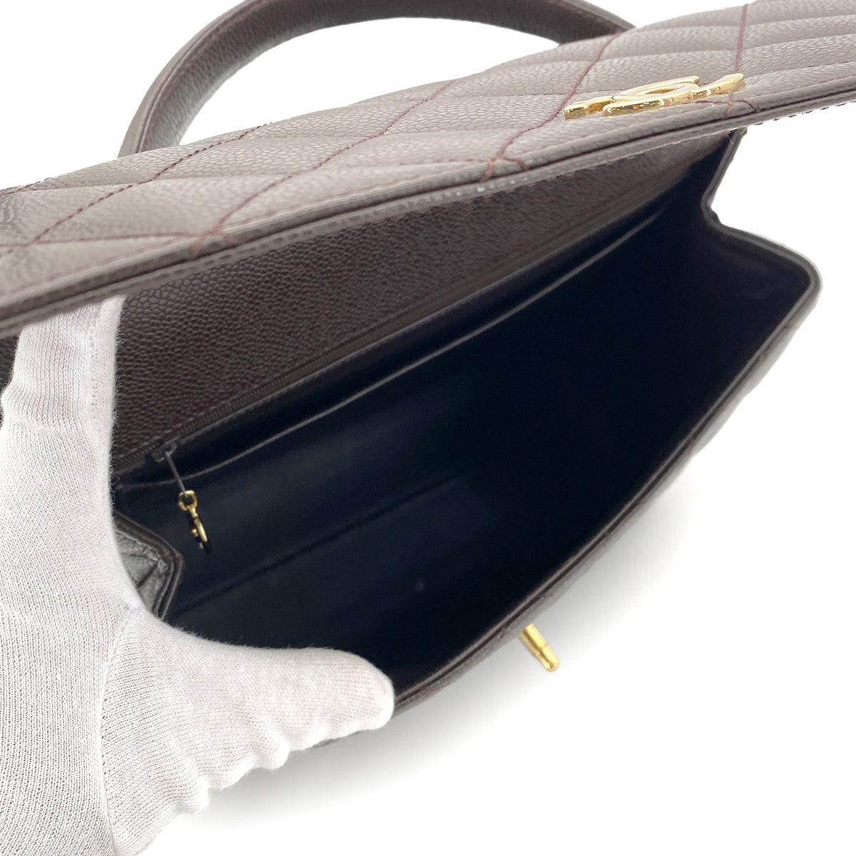CHANEL VINTAGE MATELASSE HAND BAG DARK BROWN CAVIAR SKIN 90250468