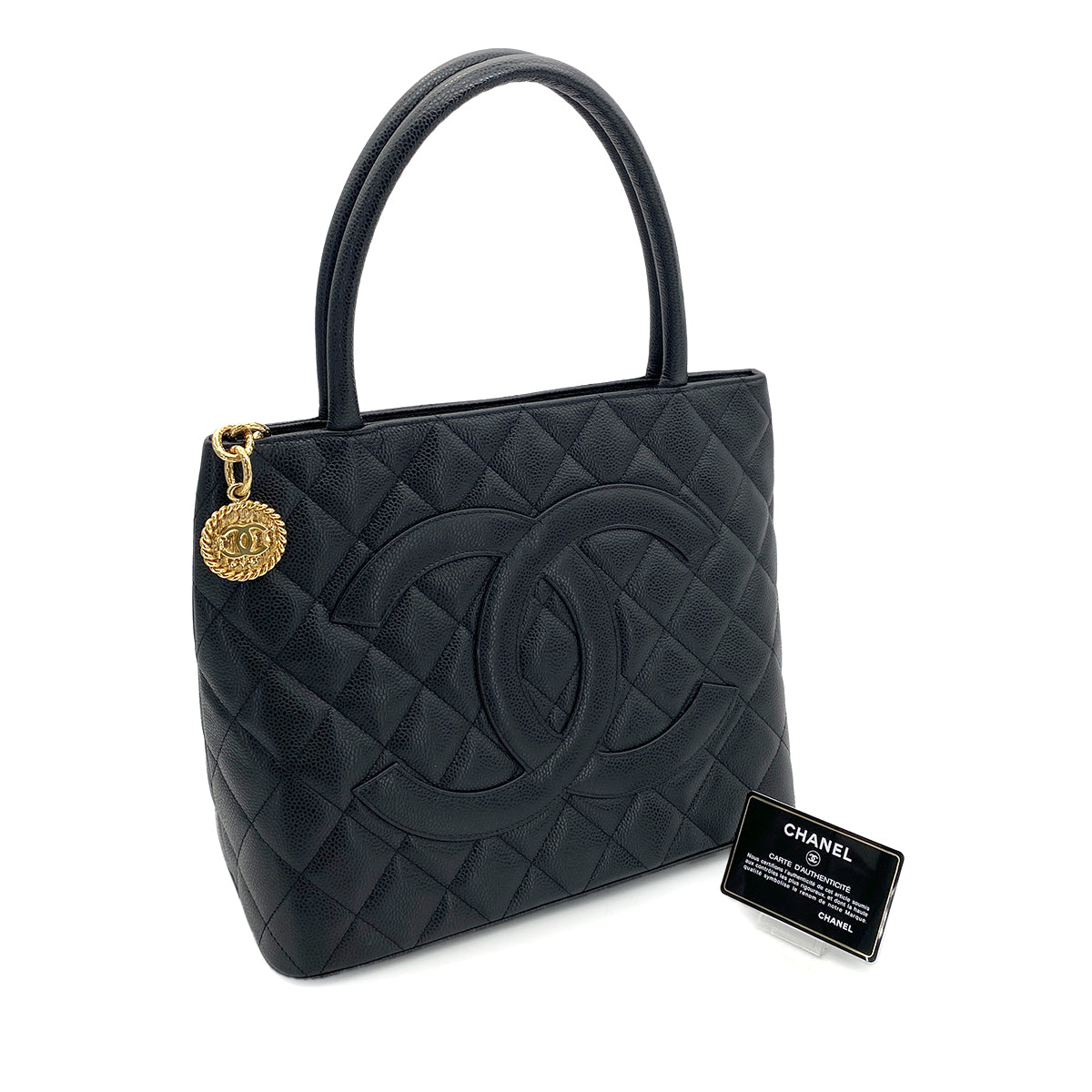 CHANEL VINTAGE MEDALLION TOTE BAG BLACK CAVIAR SKIN 90250738