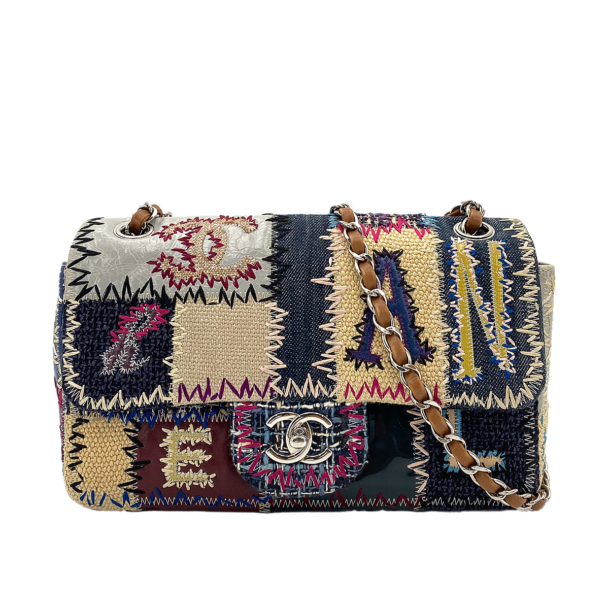CHANEL CHAIN SHOULDER BAG PATCHWORK MULTICOLOR CANVAS LEATHER 90250745