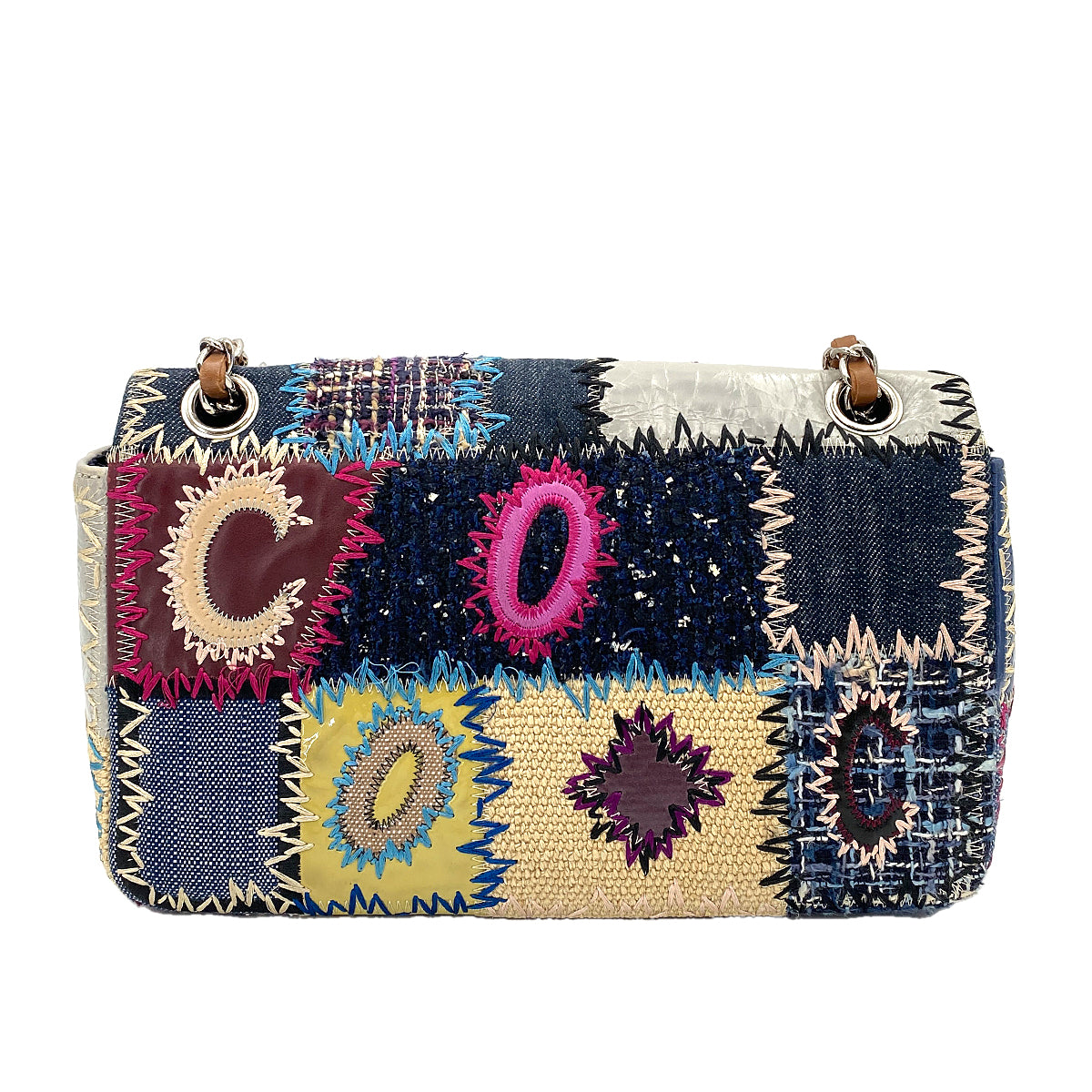 CHANEL CHAIN SHOULDER BAG PATCHWORK MULTICOLOR CANVAS LEATHER 90250745