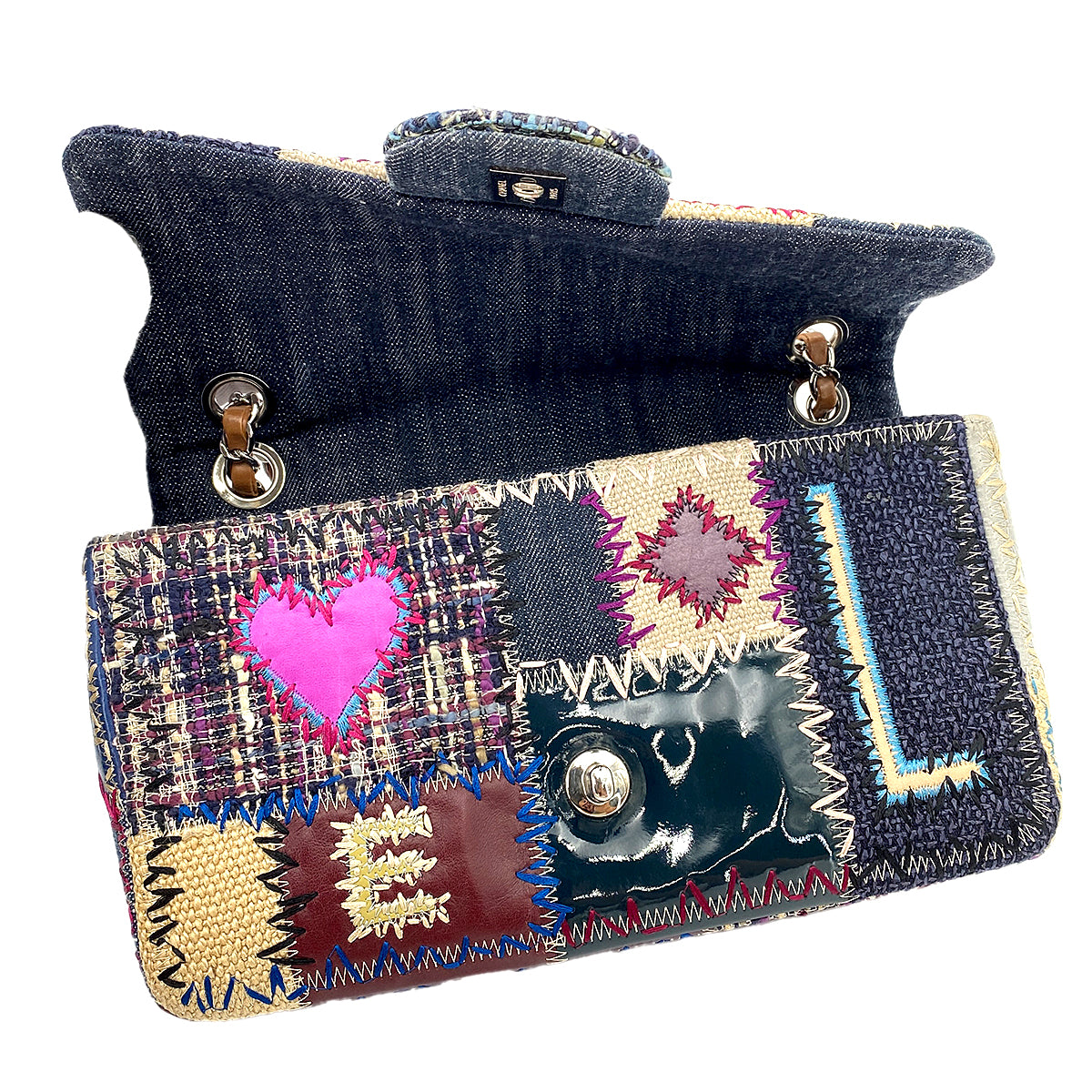 CHANEL CHAIN SHOULDER BAG PATCHWORK MULTICOLOR CANVAS LEATHER 90250745