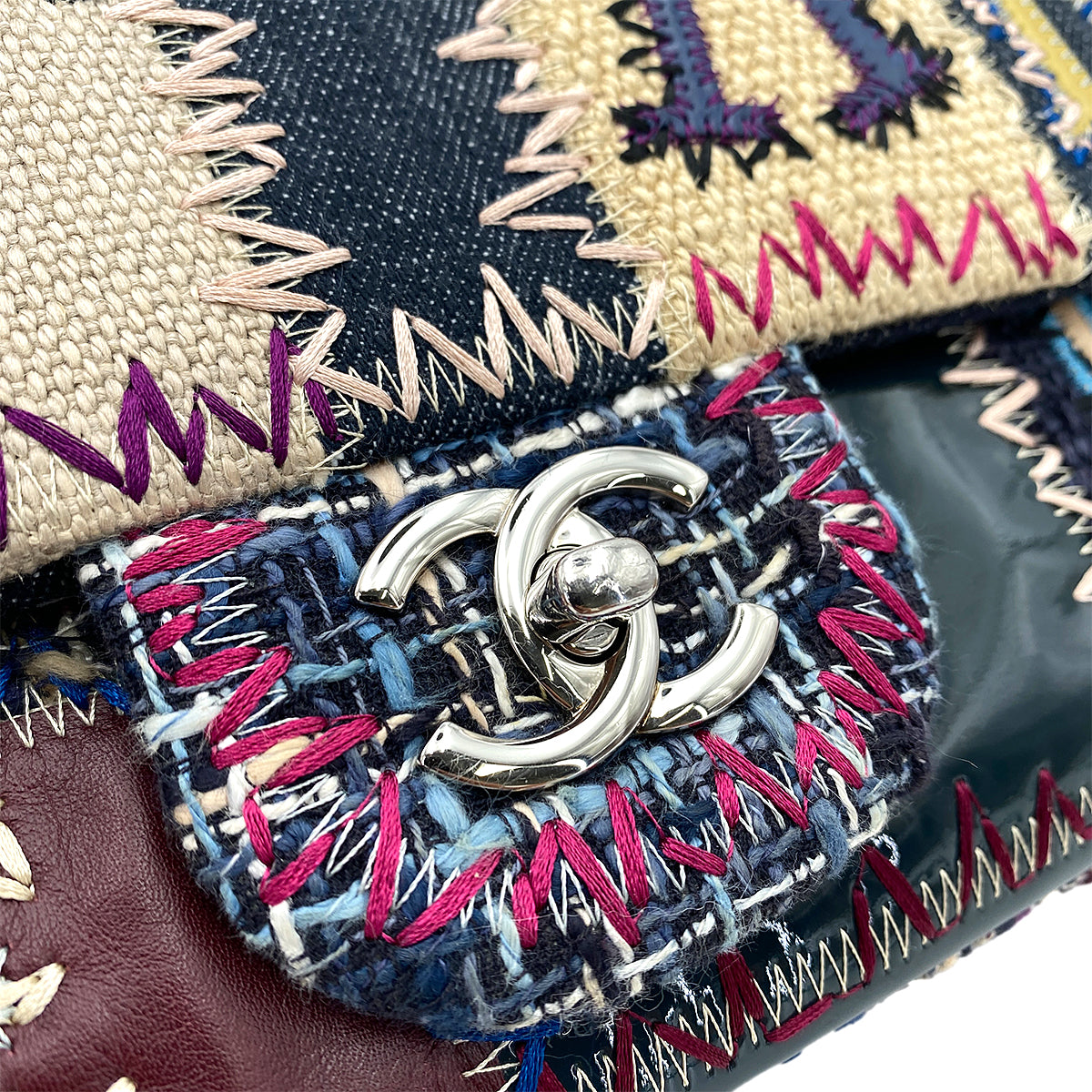 CHANEL CHAIN SHOULDER BAG PATCHWORK MULTICOLOR CANVAS LEATHER 90250745
