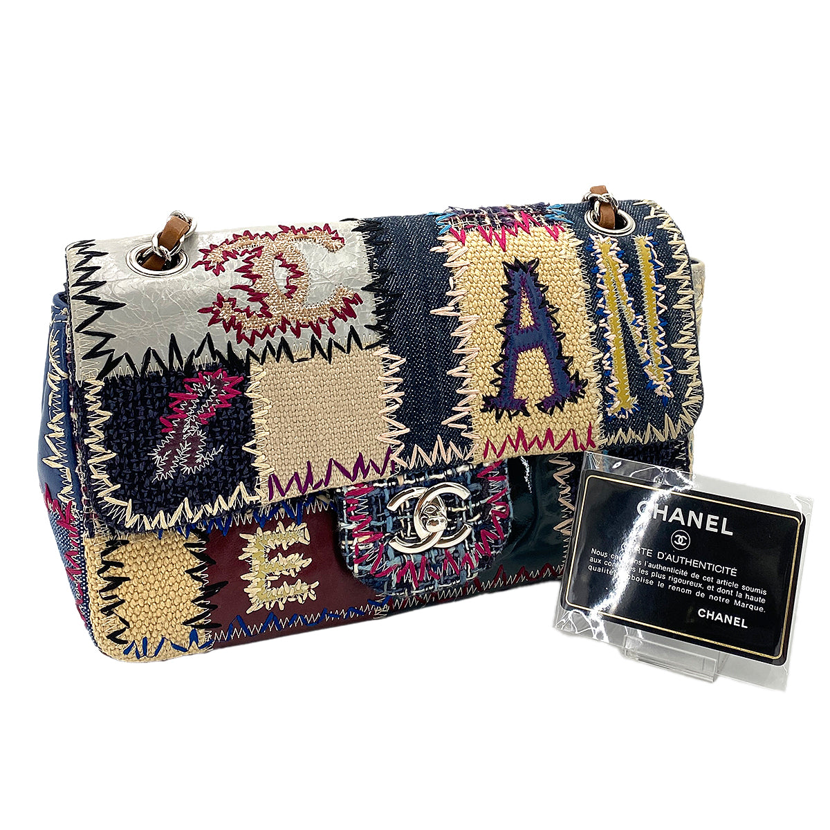 CHANEL CHAIN SHOULDER BAG PATCHWORK MULTICOLOR CANVAS LEATHER 90250745