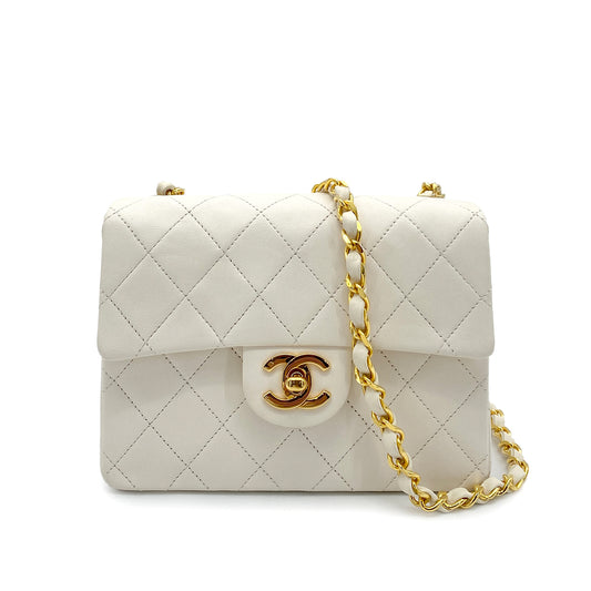 CHANEL VINTAGE MINI SQUARE 17 CHAIN SHOULDER BAG WHITE LAMB SKIN 90250747