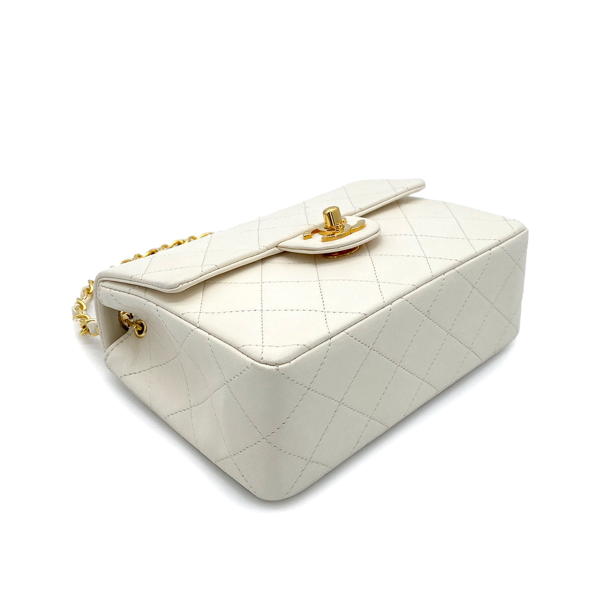 CHANEL VINTAGE MINI SQUARE 17 CHAIN SHOULDER BAG WHITE LAMB SKIN 90250747