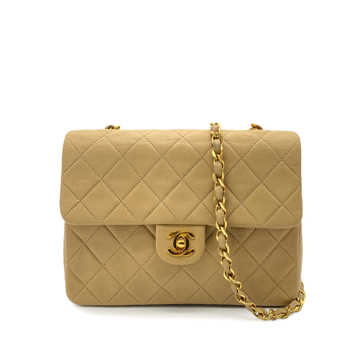 CHANEL VINTAGE MINI SQUARE 20 CHAIN SHOULDER BAG BEIGE LAMB SKIN 90251085