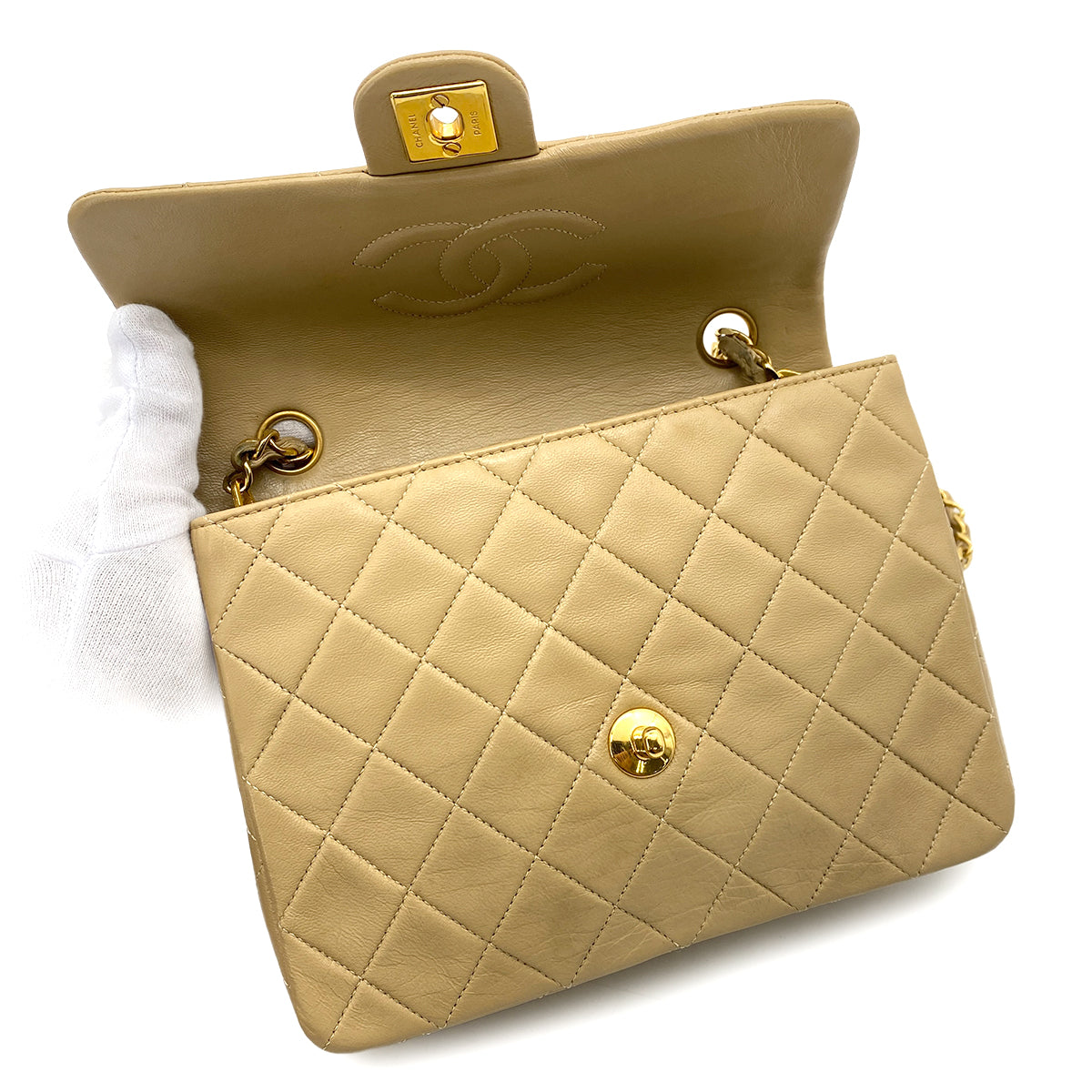 CHANEL VINTAGE MINI SQUARE 20 CHAIN SHOULDER BAG BEIGE LAMB SKIN 90251085