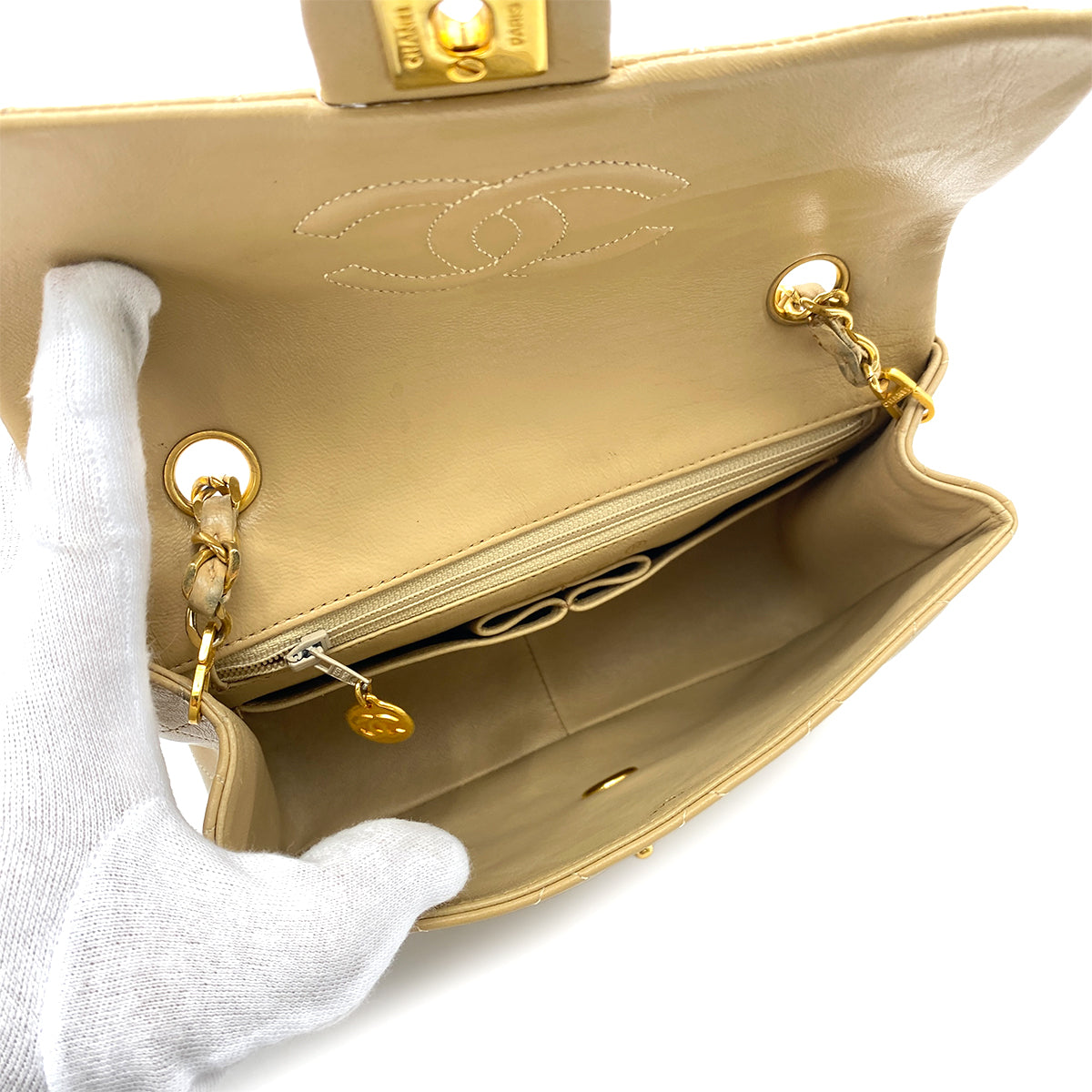 CHANEL VINTAGE MINI SQUARE 20 CHAIN SHOULDER BAG BEIGE LAMB SKIN 90251085