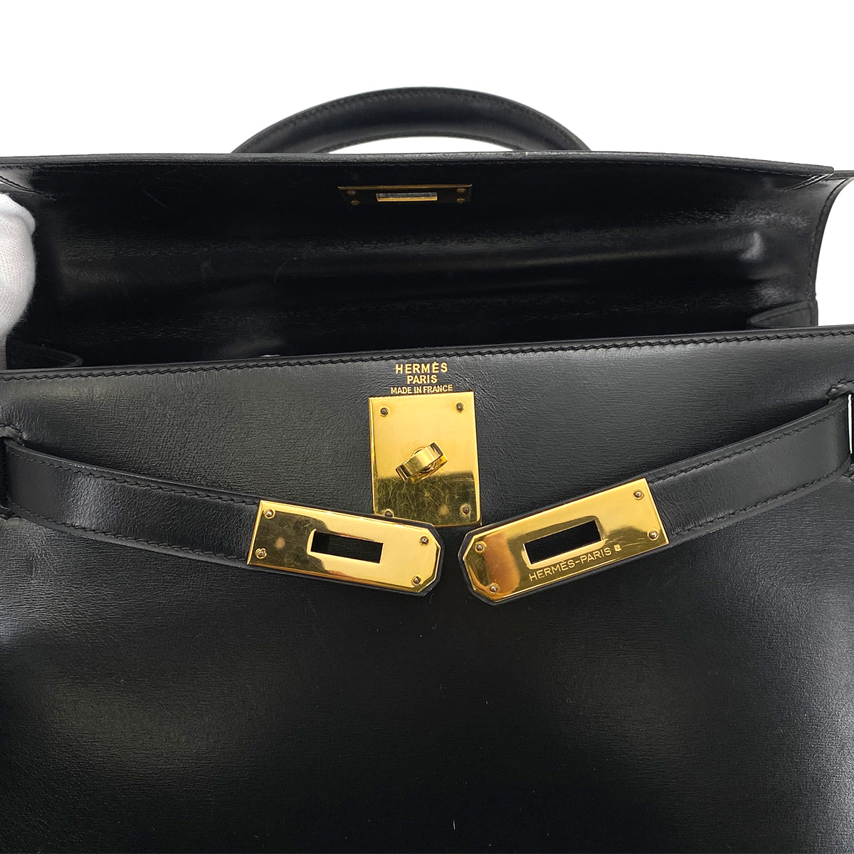 HERMES KELLY 28 SELLIER BLACK BOXCALF HAND SHOULDER BAG 〇Q 90251102