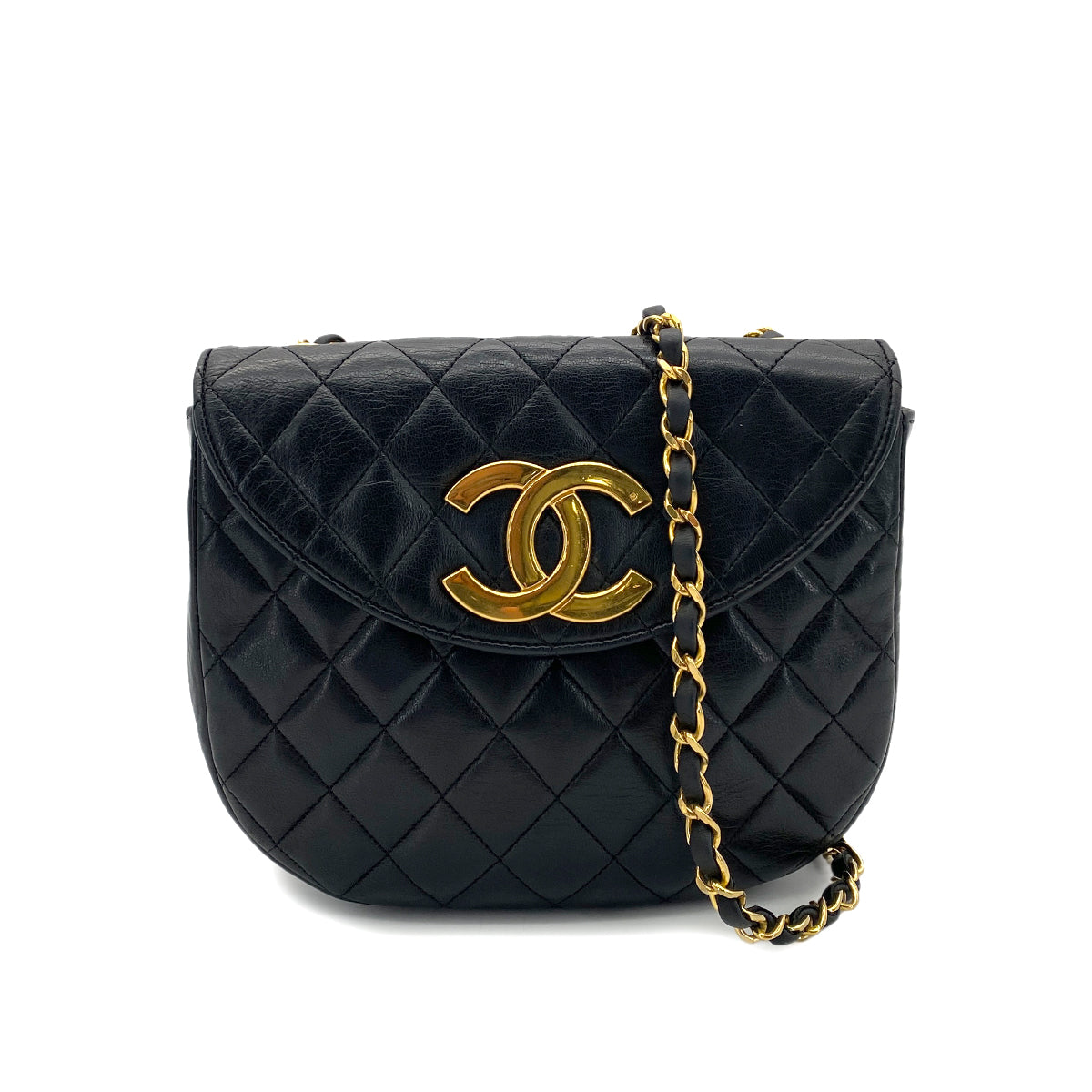 CHANEL VINTAGE BIG COCO HALF MOON CHAIN SHOULDER BAG BLACK LAMB SKIN 90251385