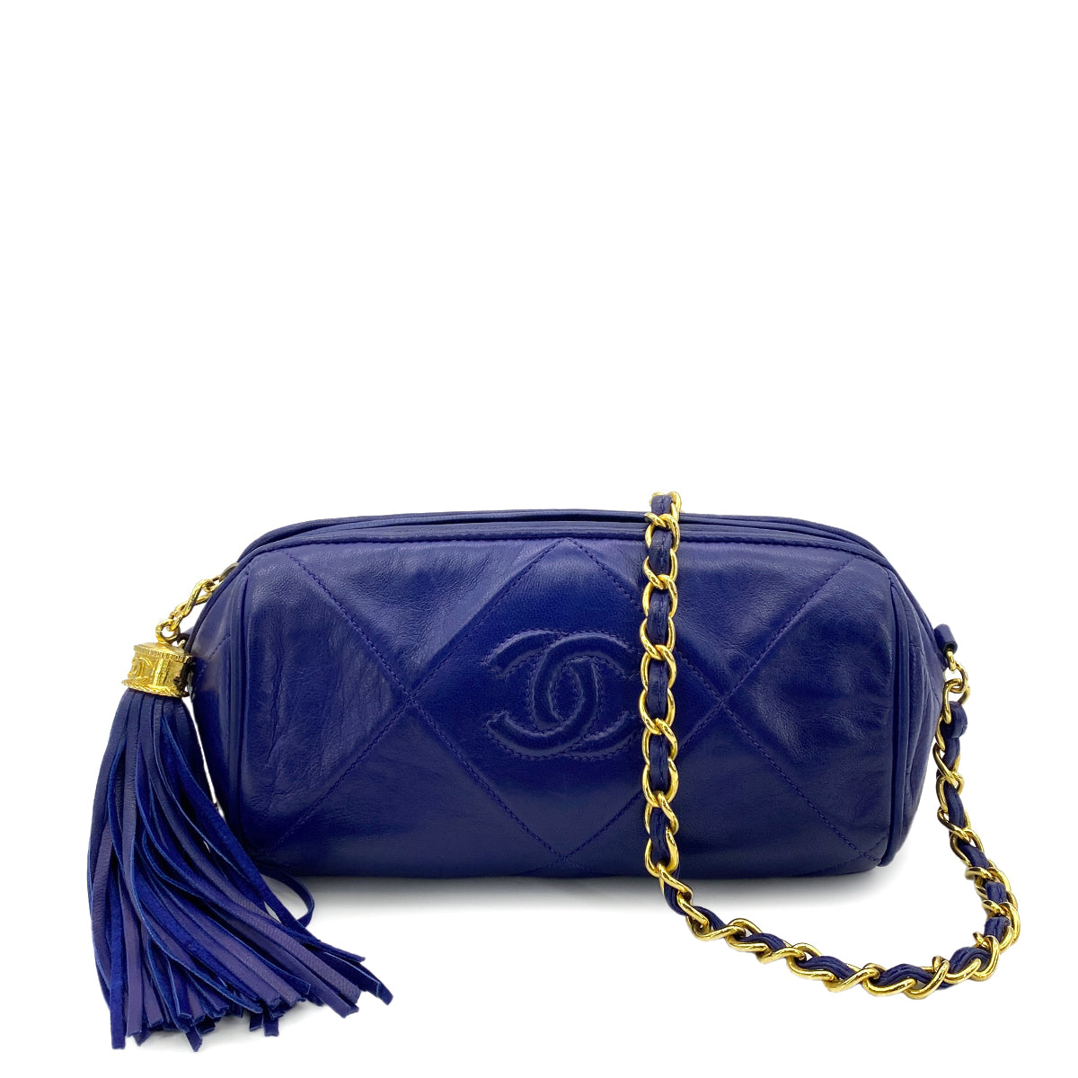 CHANEL VINTAGE FRINGE CHAIN SHOULDER BAG BLUE LAMB SKIN 90251967