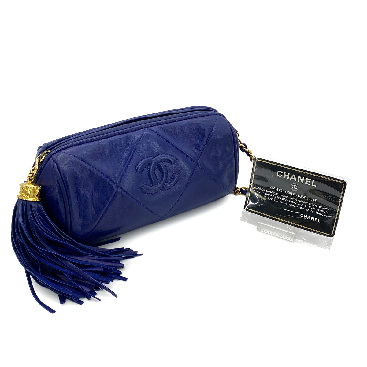 CHANEL VINTAGE FRINGE CHAIN SHOULDER BAG BLUE LAMB SKIN 90251967
